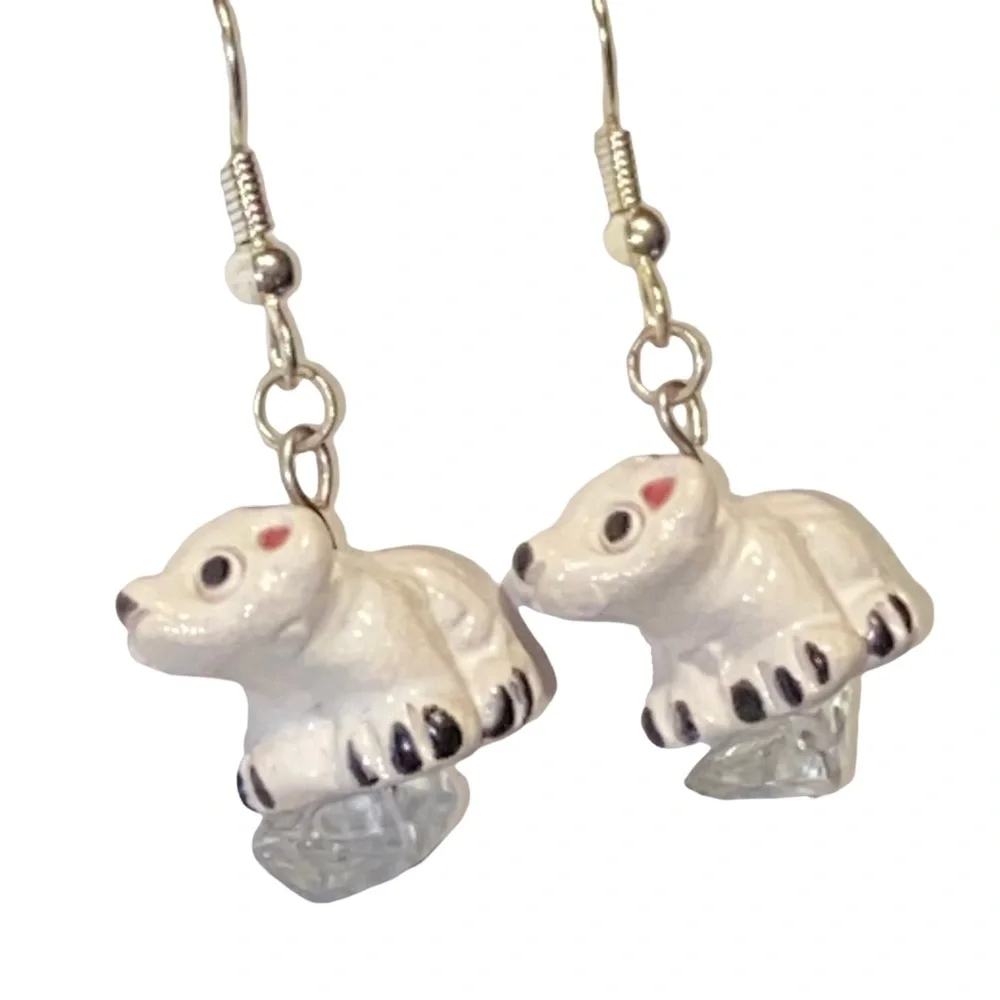 HAND CRAFTED Earrings Polar Bear Quartz Crystal Dangle Drop Long Ceramic Pierced - Picture 6 of 9